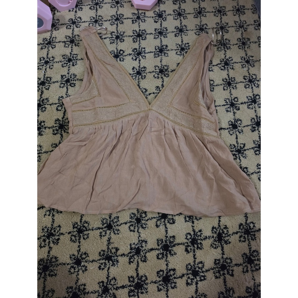 Melrose Place Tan Boho Embroidered V-Neck Babydoll Peplum Top Womens XS